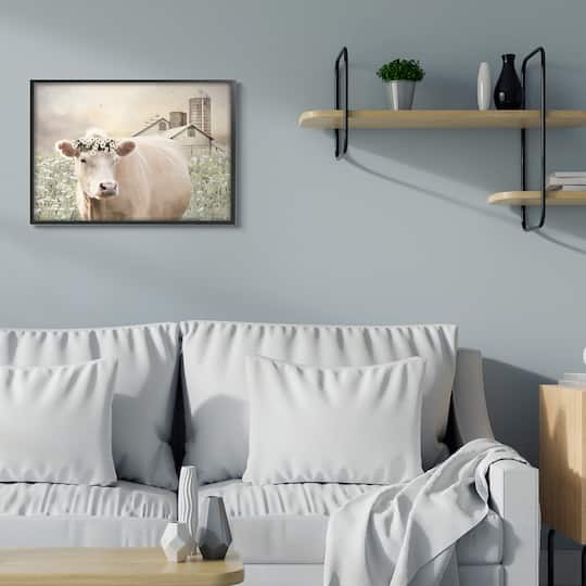 Stupell Industries Realistic Cow Floral Crown Tranquil Farm Field in Frame Wall Art